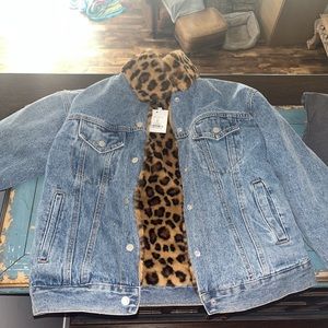NWT- Denim jacket with cheetah print fur inside